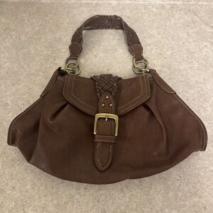 Vintage Tommy Hilfiger Brown Leather Hobo Shoulder Bag Braided Strap Buckle Flap